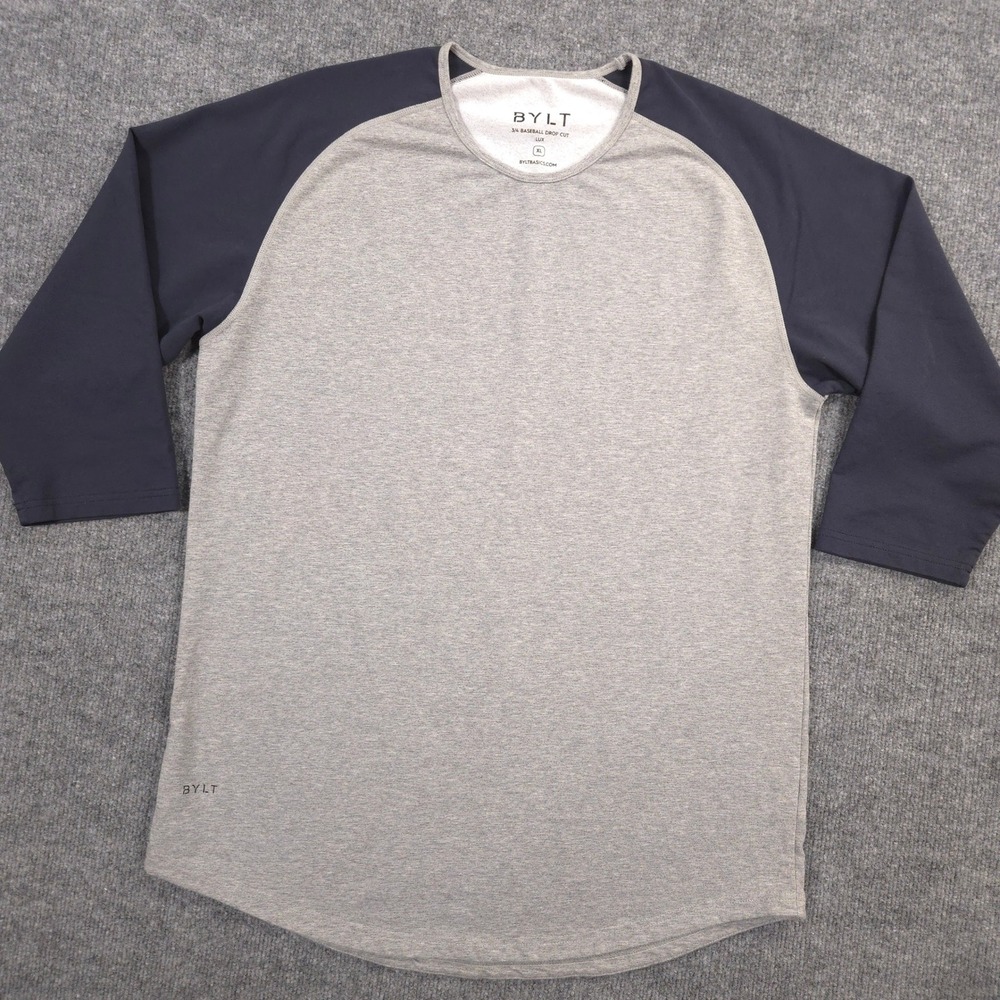 BYLT 3/4 Baseball Drop Cut Lux Shirt Mens XL Gray Navy Raglan Tee Athleisure